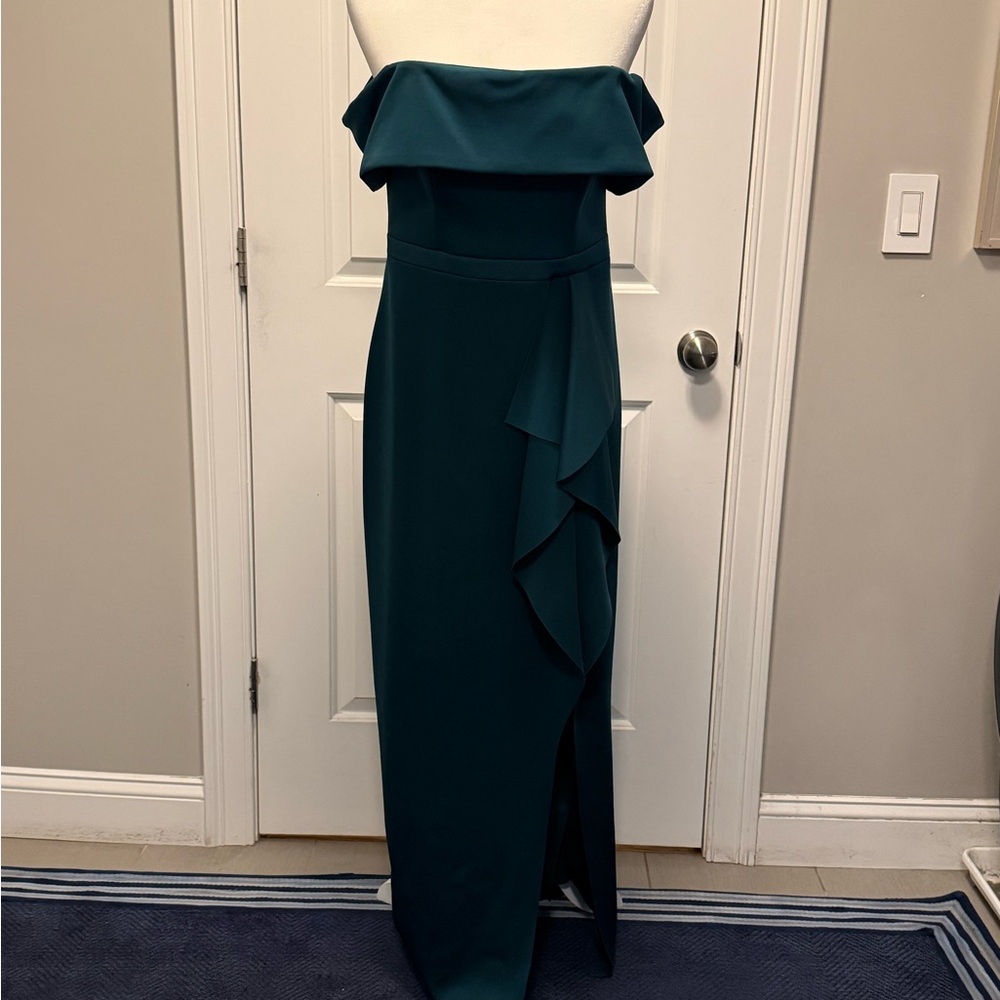 AQUA off shoulder emerald green Dress with Ruffle Detail. Flattering!
